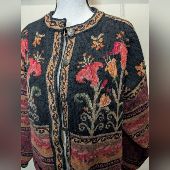 Vintage Icelandic Design Wool Floral Sweater Jacket Nordic 100% Shetland Wool - Picture 3 of 15